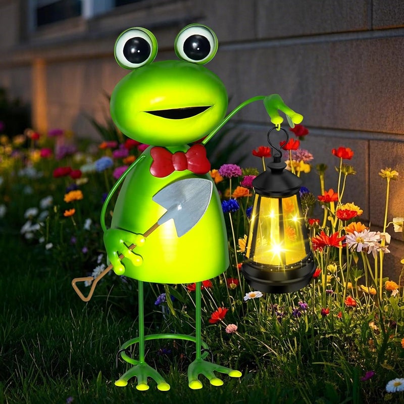 EDOF Solar Garden Lights Frog Statue with Solar Lantern Lights,13.78in Tall Frog Decor Fairy Accessories,Birthday Gifts for Women Mom Grandma,Big Metal Decorative Stakes for Home decor,Patio,Porch,Yard Art - Image 1